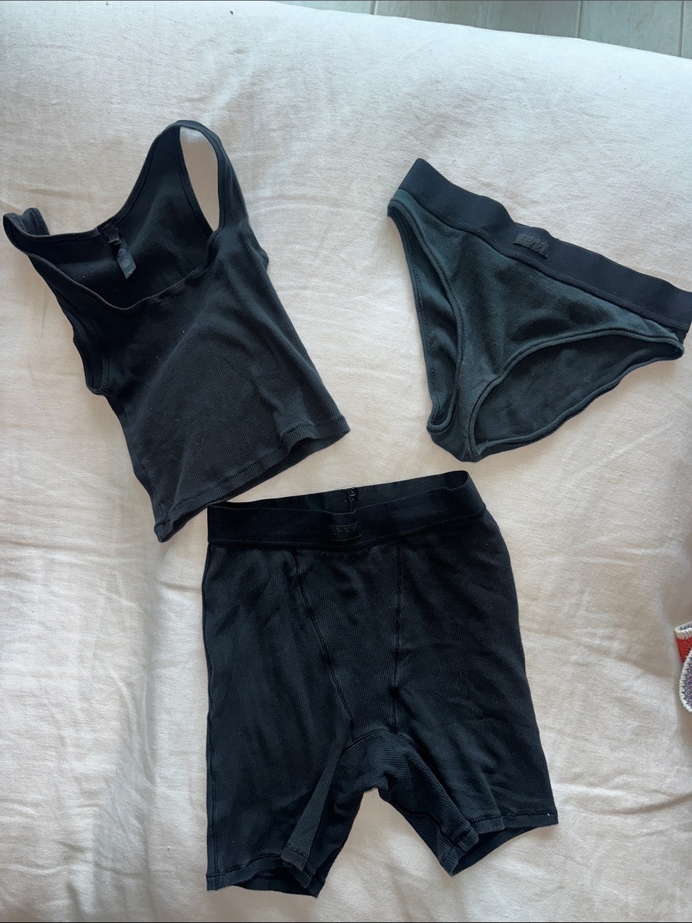 SKIMS Black Ribbed Tank, Bikini Brief & Boxer Short Set